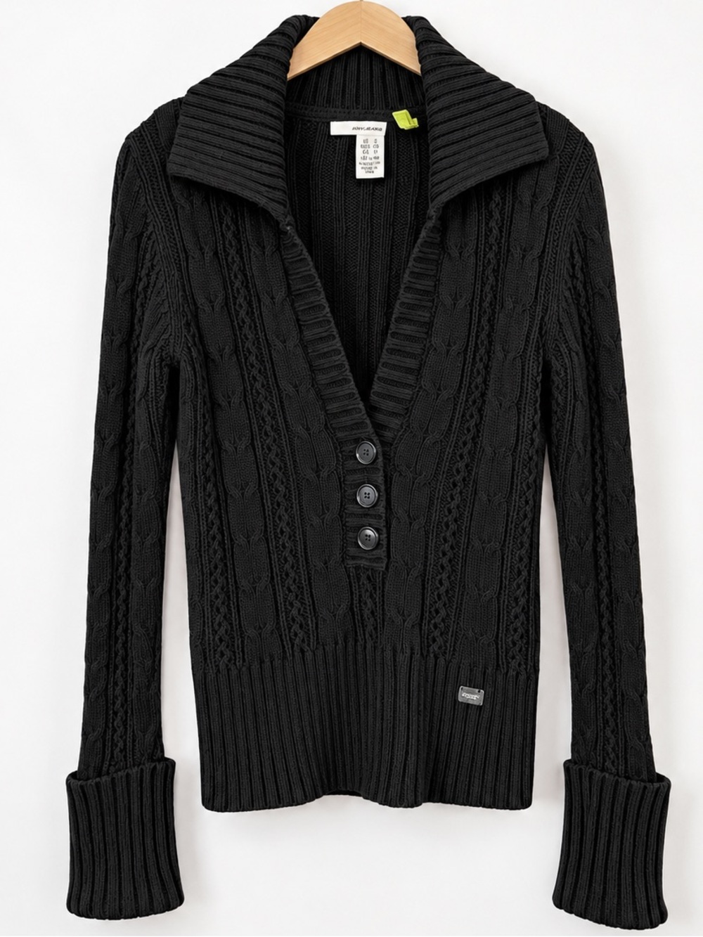 DKNY Black Cable Knit Sweater S Split Collar Y2K Long Cuff Preppy Academia Bella